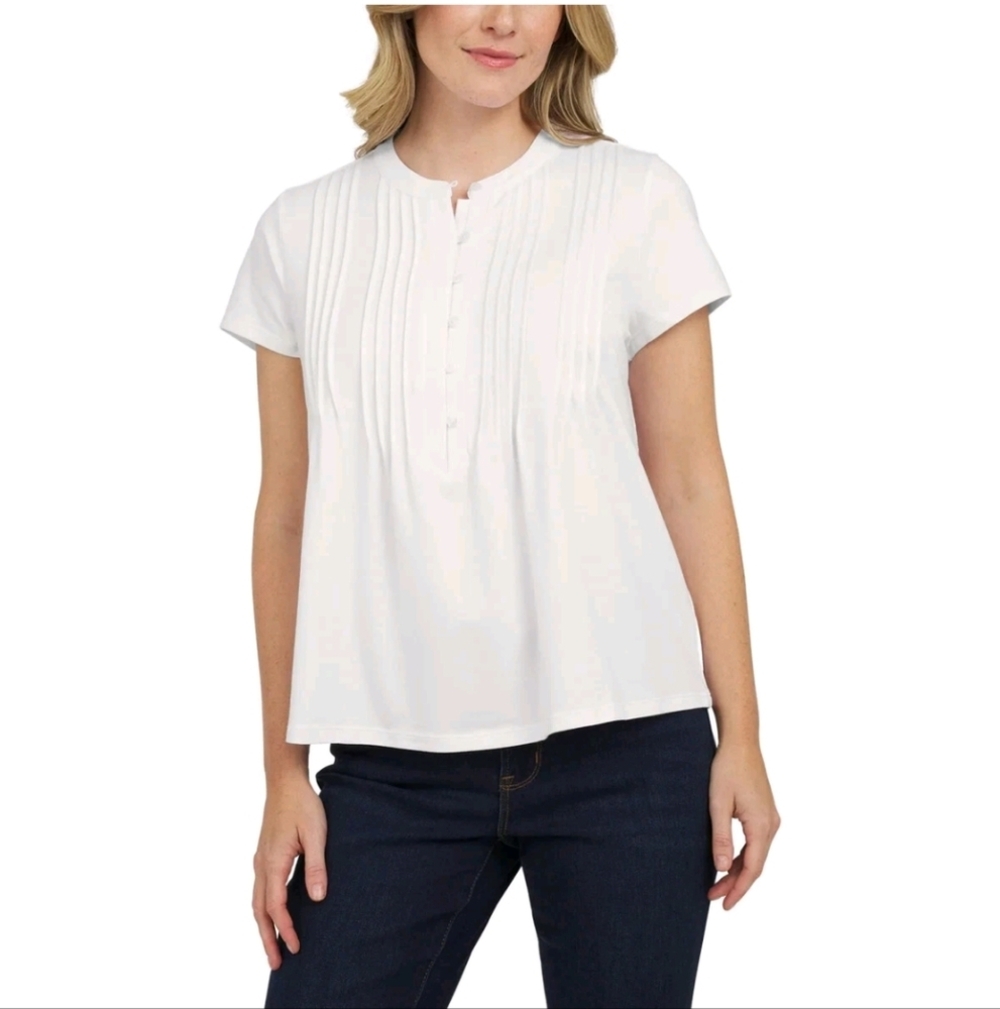 NWT Lands' End Women's Short Sleeve Pintuck Blouse White